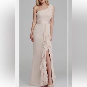 White by Vera Wang Black One Shoulder Ruffles Long Gown Front Slit Satin S6 F50
